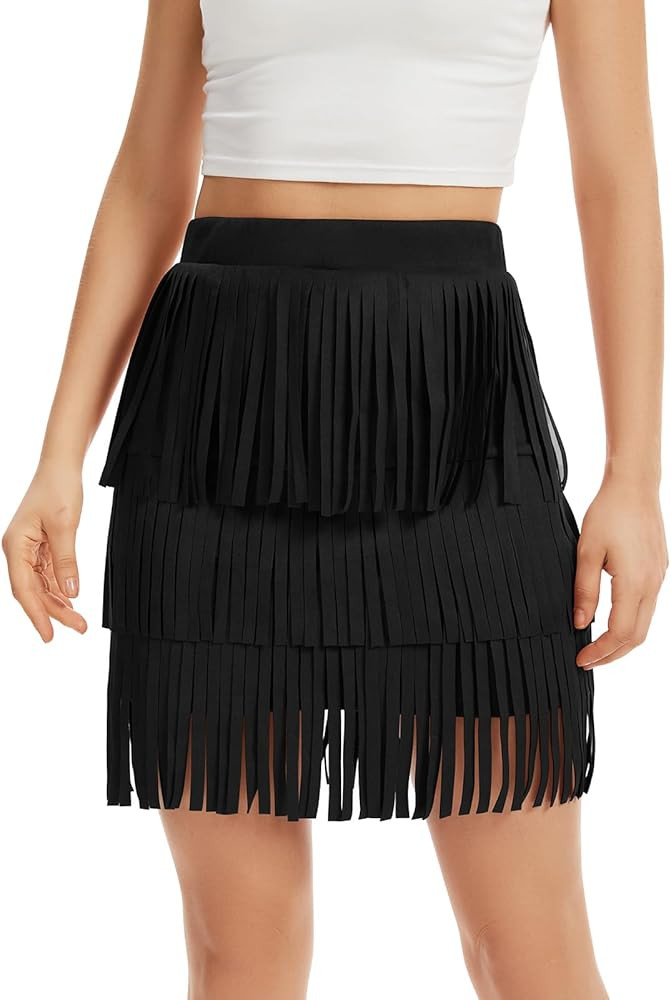 Western Cowgirl Fringe Skirt,High Waisted Mini Suede Skirts,Country Concert Rave Festival Booty T... | Amazon (US)