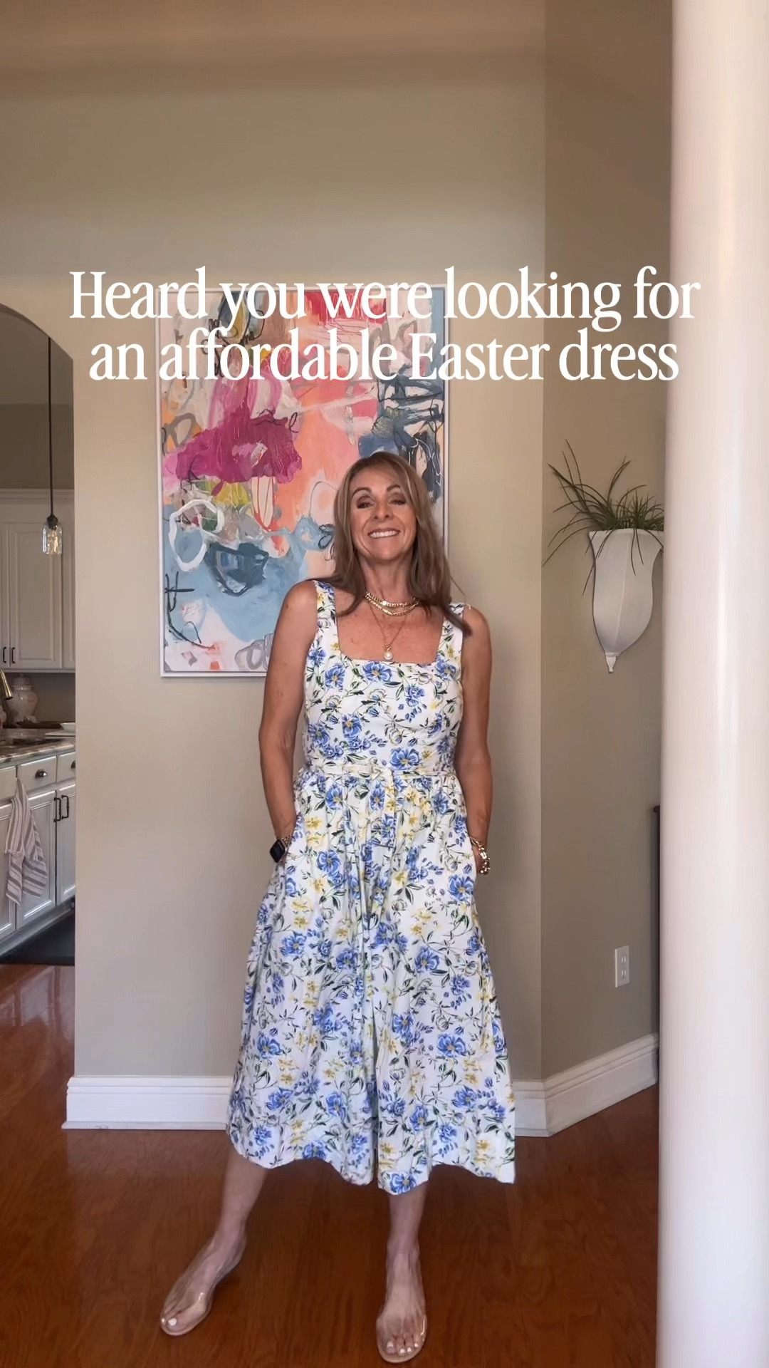 Need an affordable spring dress? I found it! Looks good alone or with a cardigan. Also comes in blue plaid. 
The clear shoes are magnificent! The heel height is perfect and they literally go with everything! 
Wearing my true size in all. 

#LTKSeasonal #LTKOver40
