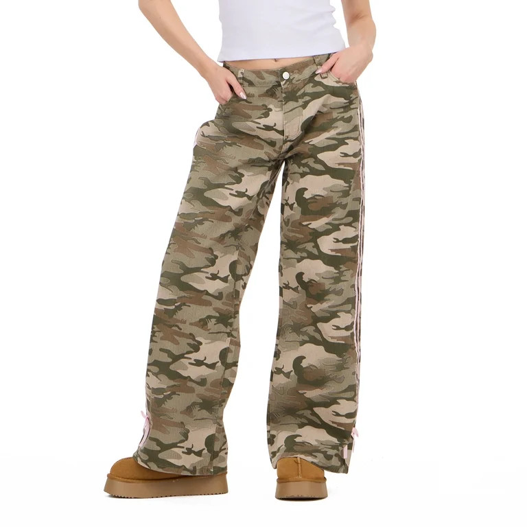 Forever 21 Women's Low Rise Baggy Fit Jeans with Side Stripes and Bow Accents, Sizes 0-14 | Walmart (US)