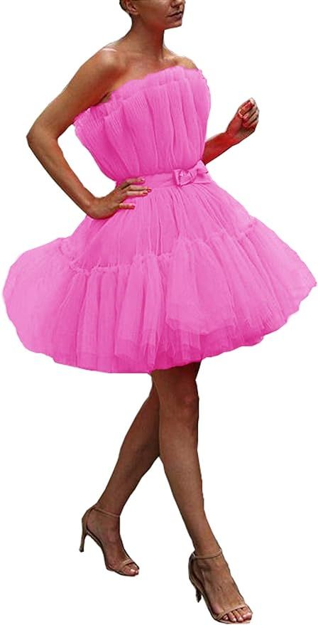 Tianzhihe Ruffle Short Prom Dress Tulle Tutu Mini Homecoming Dress Cocktail Party Gown with Bow | Amazon (US)