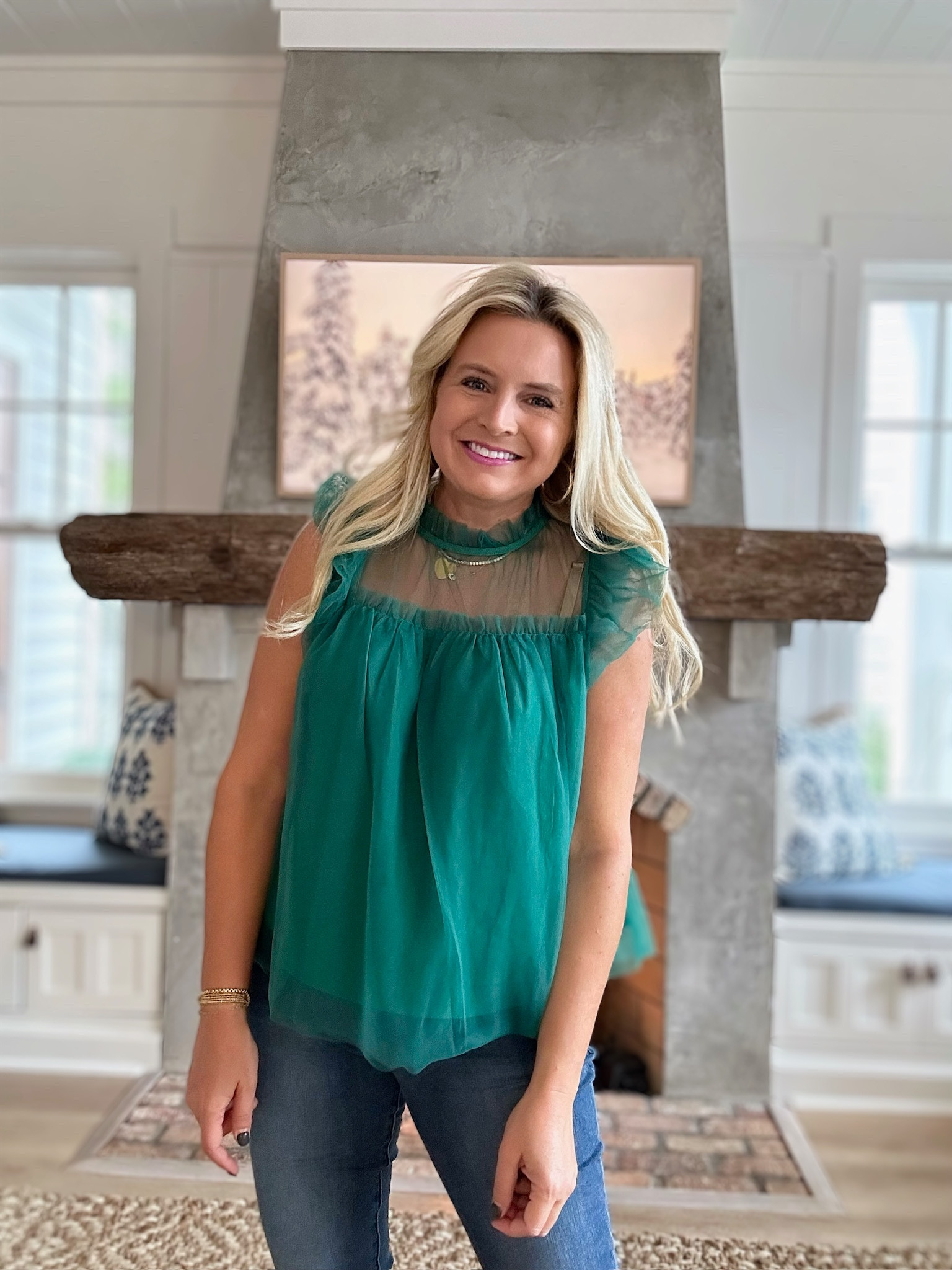 Loving this ruffle collar and sleeves too! So great for a holiday party! Wearing a small top and 4 in jeans. 

#LTKSeasonal #LTKHoliday #LTKstyletip