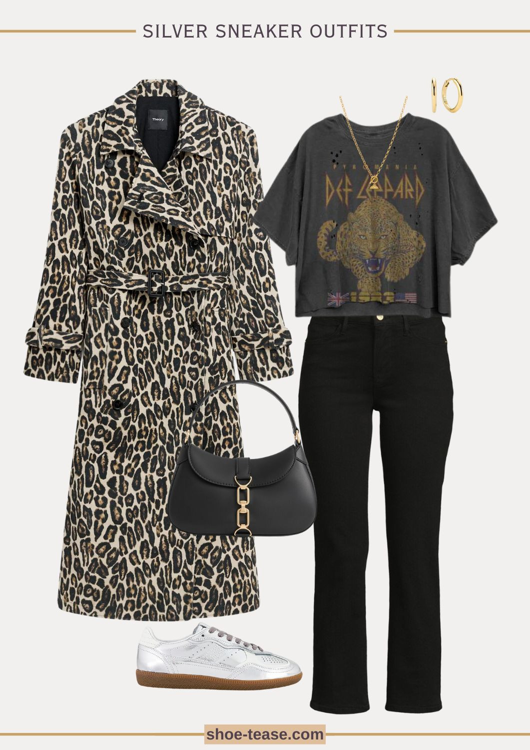 Fall outfit with leopard print trench coat, graphic tee, black jeans and silver sneakers  

#LTKSeasonal #LTKOver40
