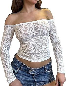 Women Long Sleeve Mesh Crop Top Y2k Off Shoulder Lace T Shirt See Through Slim Fit Sheer Tee Shir... | Amazon (US)