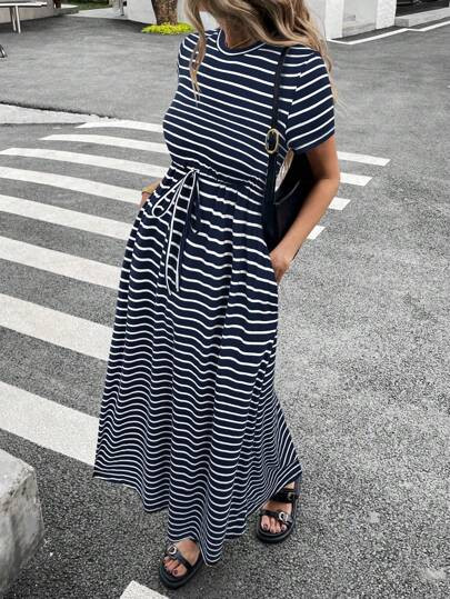 Siren Gaze Women Striped Crew Neck Short Sleeve Drawstring Waist Casual Midi Dress,Dresses For Wo... | SHEIN