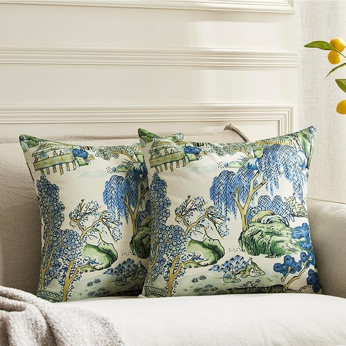 Pack of 2, Chinoiserie Pillow Cover 20 x 20 Inch Asian Scenic Blue and Green Throw Pillow Covers ... | Amazon (US)