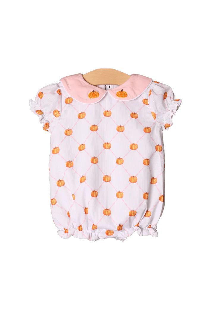 Embroidered Pumpkin Pink Trellis Bubble | The Smocked Flamingo