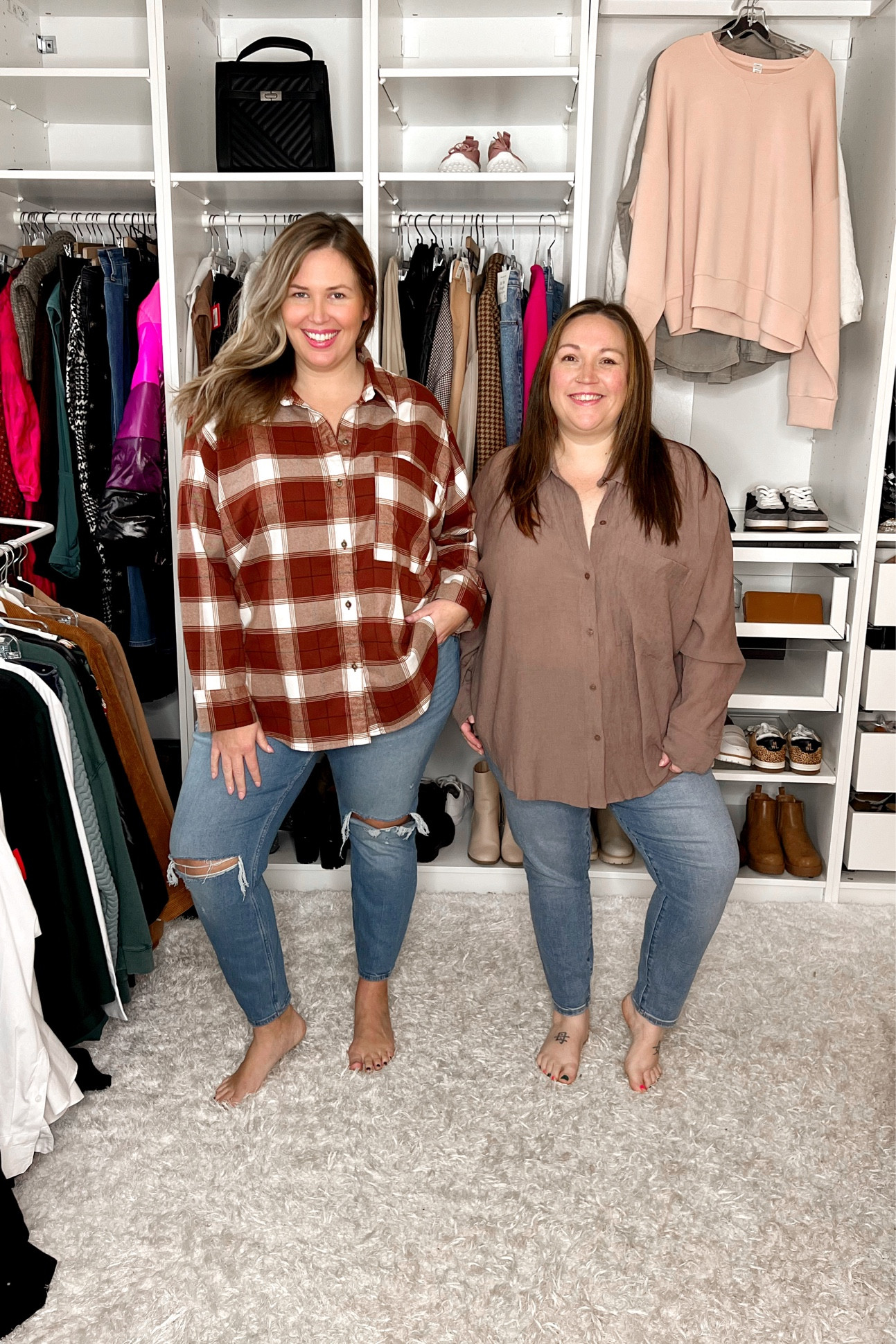 Sale alert!!! OUR ABERCROMBIE FAVES! Ashley is wearing a pair of High Rise Skinny Jeans (not Curve Love cut) in size 35/20 Regular paired with an oversized flannel button-front shirt in a size XXL (fits like a 2X). Jess is wearing the Curve Love High Rise Super Skinny Ankle Jeans in a size 34/18 Short and oversized button-front top in an XL (fits like a 2X). 

#LTKunder50 #LTKsalealert #LTKcurves