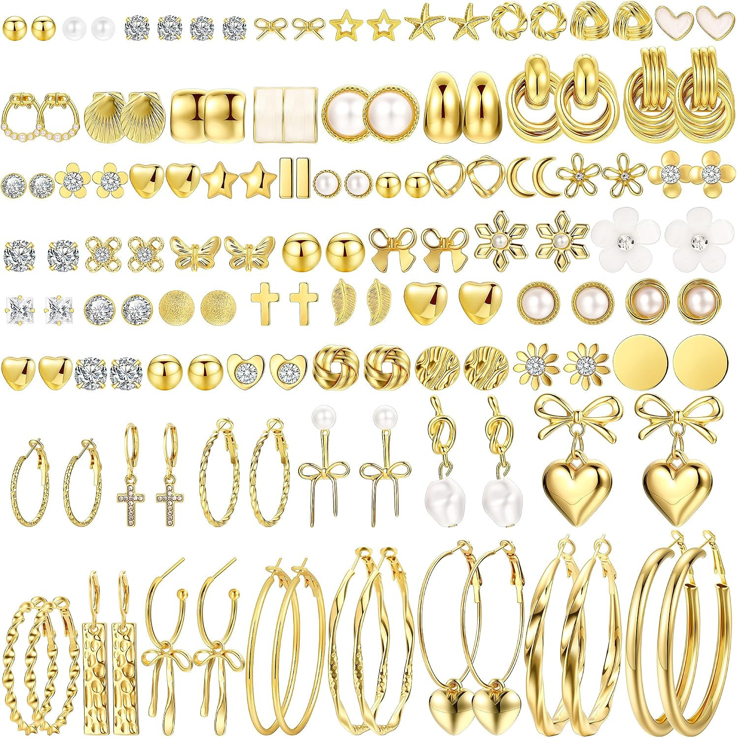 75 Pairs Gold Stud Earrings Set for Women, Trendy Hypoallergenic Pearl Cubic Zirconia Multiple Piercings Earrings Packs, Stud Hoops Earrings for Gift Jewelry | Amazon (US)