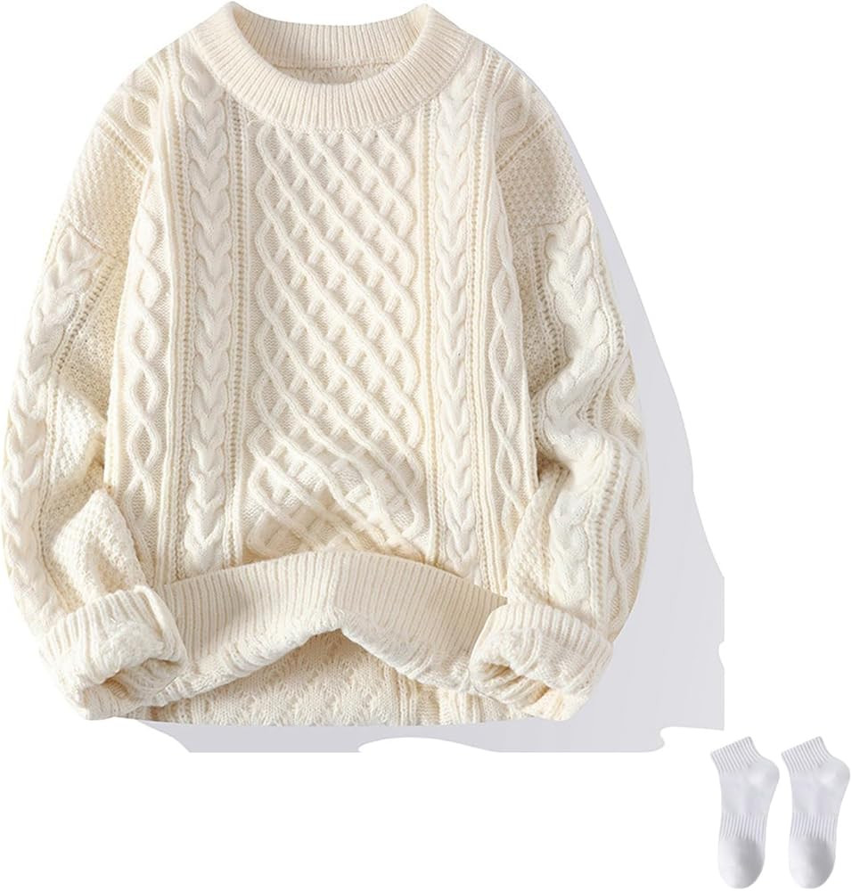 Cable Knit Sweater Vintage Pullover Sweater Casual Long Sleeve Unisex Crewneck Knitted Solid Colo... | Amazon (US)