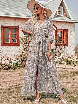 ANRABESS Women’s Summer Loose Boho Flowy Wrap V Neck 3/4 Sleeve Floral Print Slit Beach Wedding... | Amazon (US)