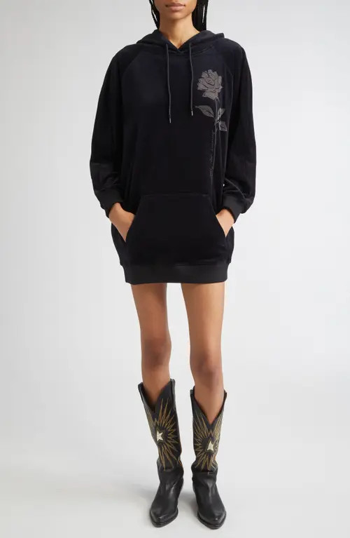 Golden Goose Journey Collection Long Sleeve Velour Hoodie Minidress in Black at Nordstrom, Size Large | Nordstrom