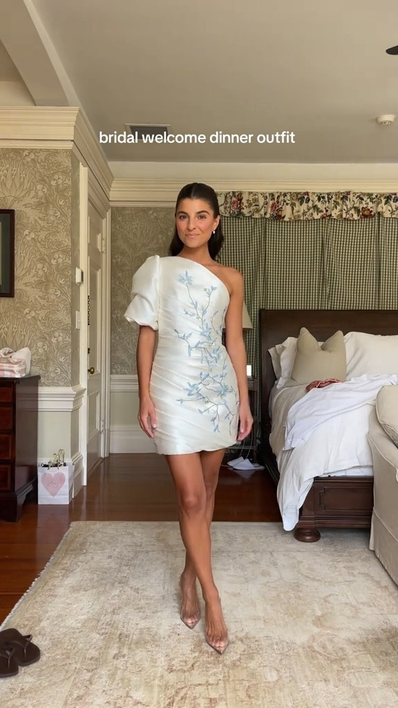 bridal welcome dinner outfit 🤍this  one-shoulder white mini dress with blue floral embroidery and puff sleeve detail is EVERYTHING!

#LTKParties #LTKStyleTip #LTKWedding