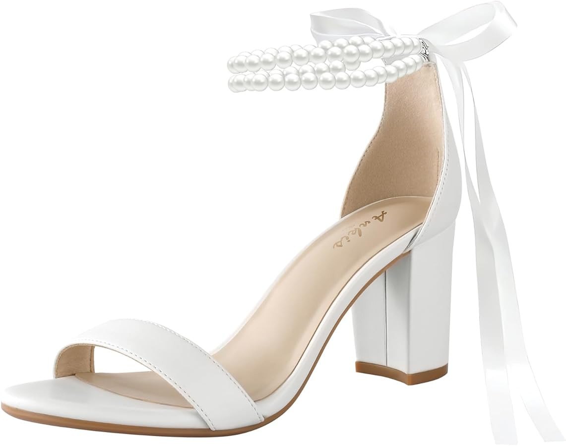 Ankis White Heels Wedding Shoes for Bride Women Chunky Heels Pearl Bow Heeled Sandals 2.75 Inch | Amazon (US)