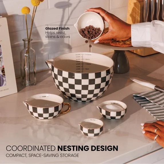 Thyme & Table 5-Piece Ceramic Mixing Bowl and Measuring Set - Green Checkered | Walmart (US)