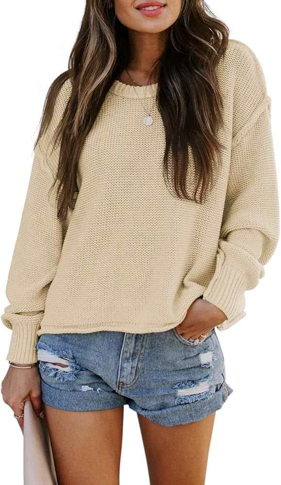 TARSE Womens Drop Shoulder Crewneck Sweater Long Loose Lantern Sleeve Pullover Tops | Amazon (US)