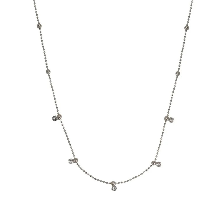 Time and Tru Adult Women's Silver Tone Crystal Dangle Delicate Metal Necklace | Walmart (US)