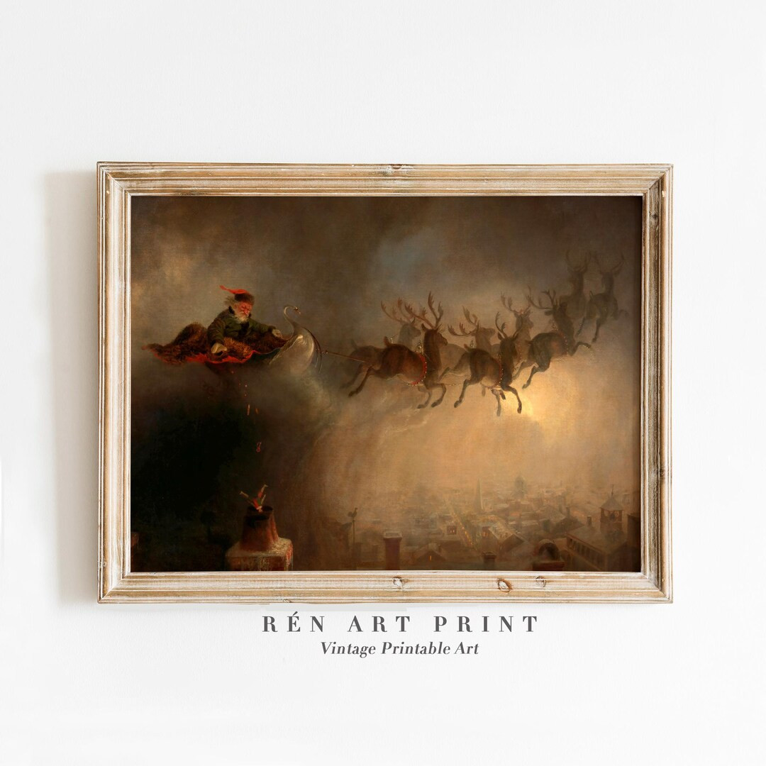 Printable Santa Claus Wall Art Vintage Christmas Print Christmas Santa Painting Winter Sleigh & R... | Etsy (US)