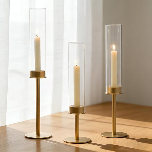 Hewory Gold Candle Holders, 3Pcs Brass Candle Stick Candelabra with Glass Candle Cover for Wedding Table Centerpiece Christmas Decor | Amazon (US)