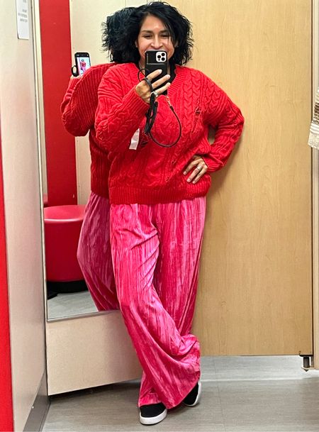 #pinkvelvetpants #pinkpants #redsweater #deconstructedsweater #comfy #holidayoutfit #giftsforher #christmasoutfit #holiday #lounge #valentines #hotpinkpants #fuschiapants #target

#LTKHoliday #LTKSeasonal #LTKstyletip