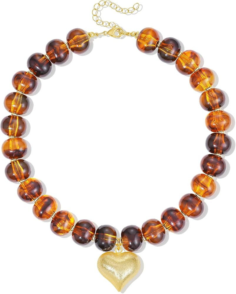 KELORIS PATH Chunky Resin Beaded Necklace for Women, 14K Gold Plated Brushed Puffy Heart Pendant ... | Amazon (US)