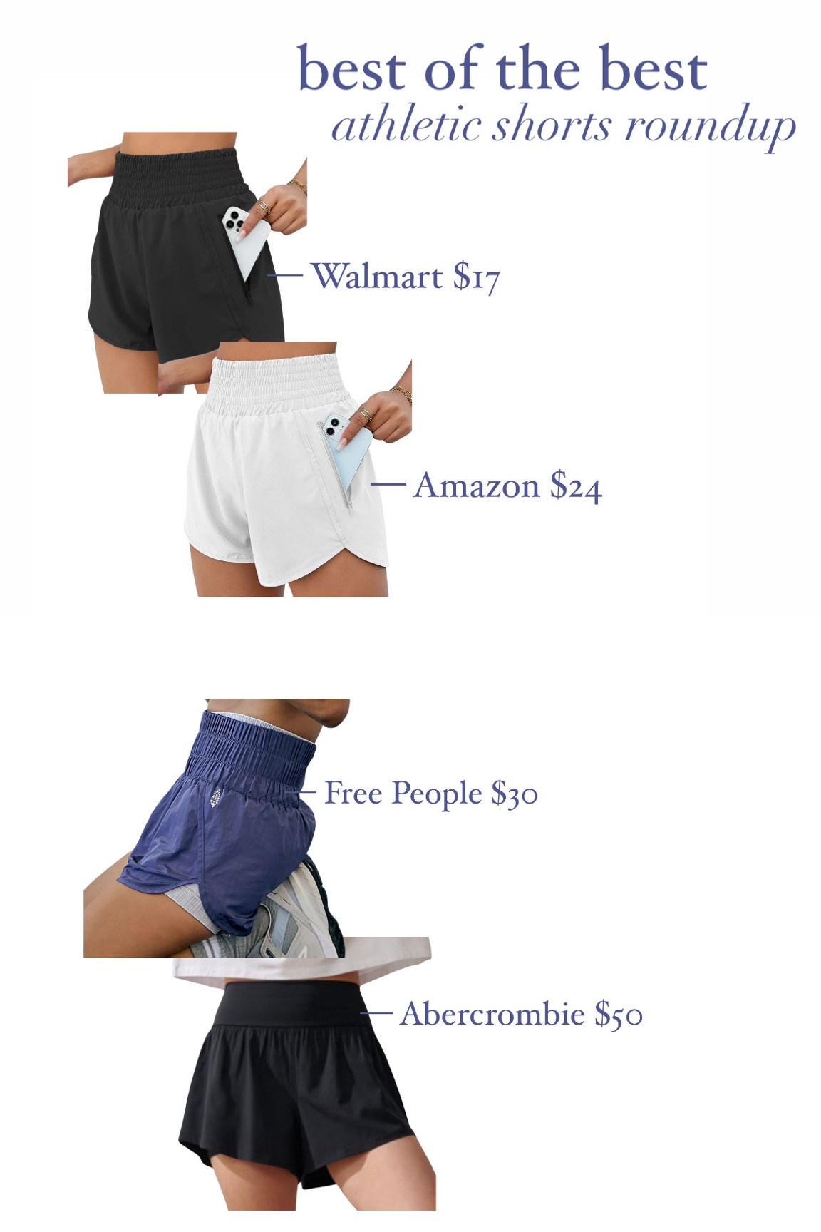 Athletic Shorts Roundup! I own, love, and recommend all of these! 

Size XS in Walmart and Abercrombie!

Size S in Free People and Amazon!