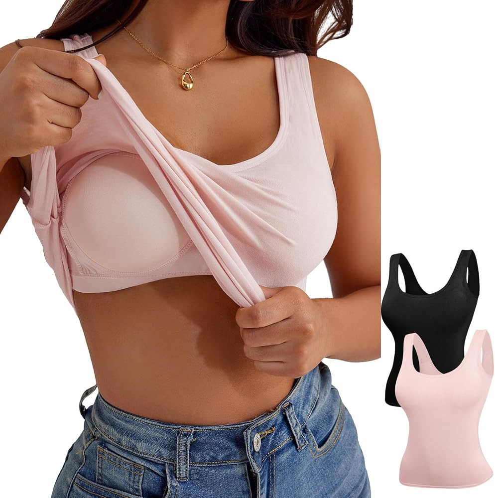 GAI YI 2 Pack Women's Built-in Bra Tank Tops with Wide Strap Supportive Camisole Tops Shirts Blac... | Amazon (CA)