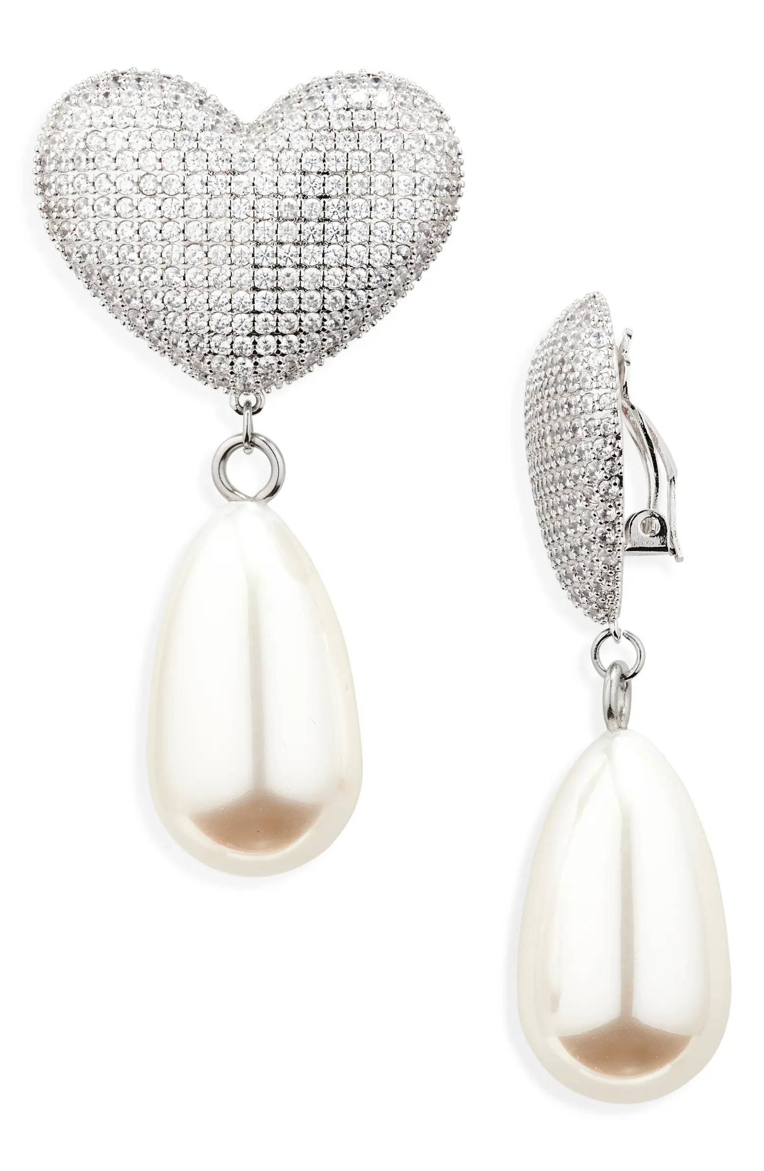 Frances Pavé Crystal Heart & Faux Pearl Clip-On Earrings | Nordstrom