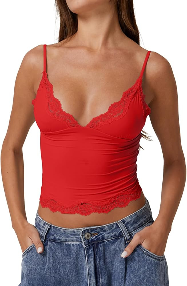 QINSEN V Neck Lace Trim Cami for Womens Spaghetti Straps Slimming Fit Sleeveless Tank Camisole Cr... | Amazon (US)