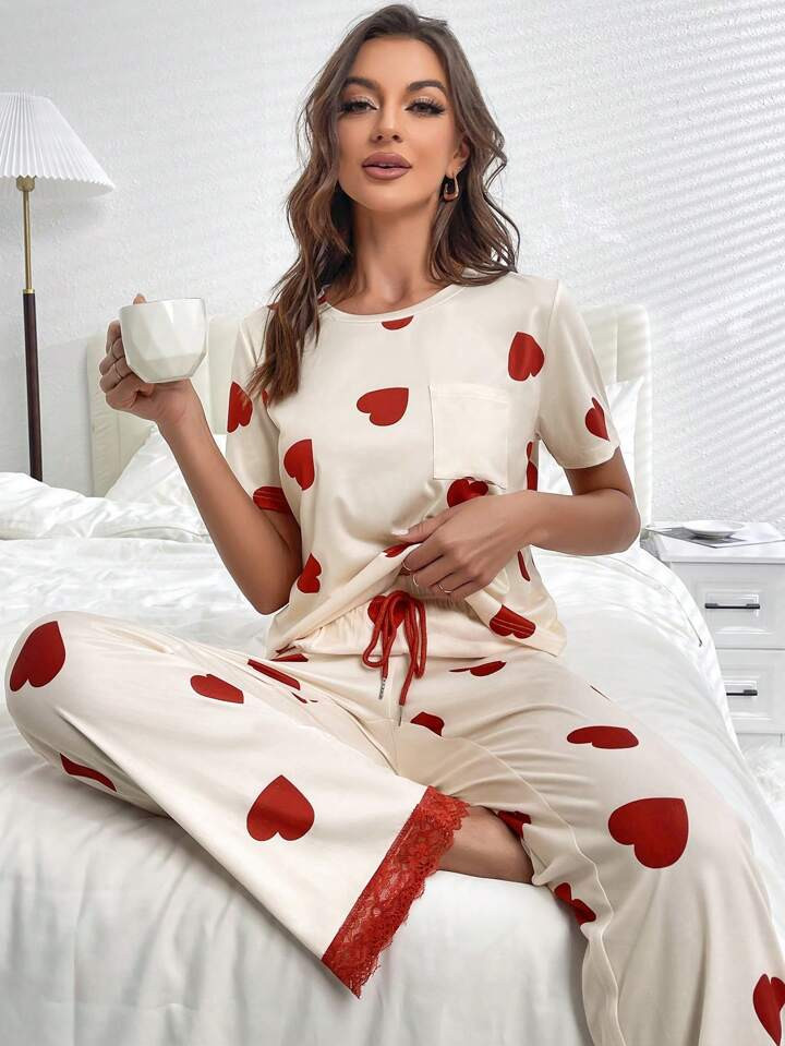 Heart Print Contrast Lace PJ Set | SHEIN