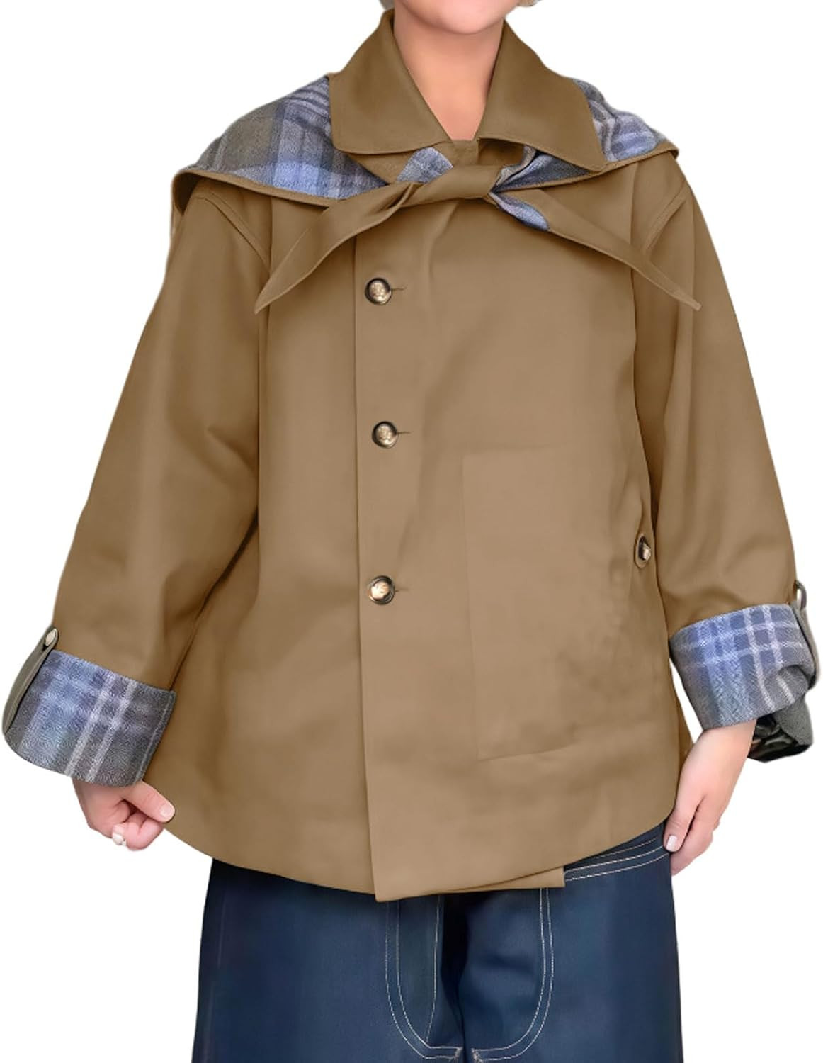 Women's Short Trench Coats Fall Notch Collar Plaid Reversible Oversized Jacket with Pockets | Amazon (US)