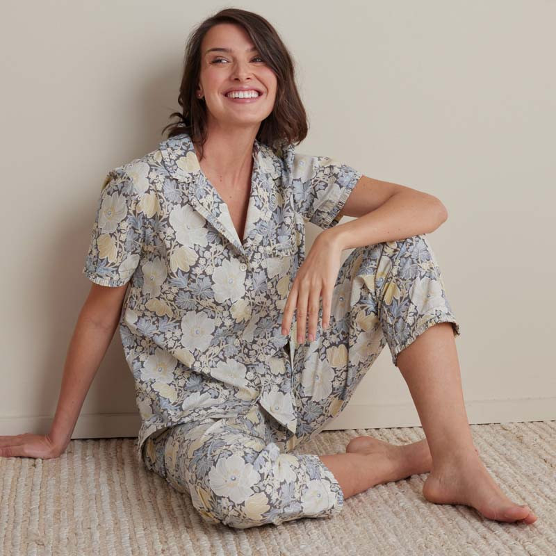 Printed Poplin Women's Short Sleeve Button-Down Pajama Set - Blue/Gray/Yellow, Size 2XL, Cotton | The Company Store | The Company Store