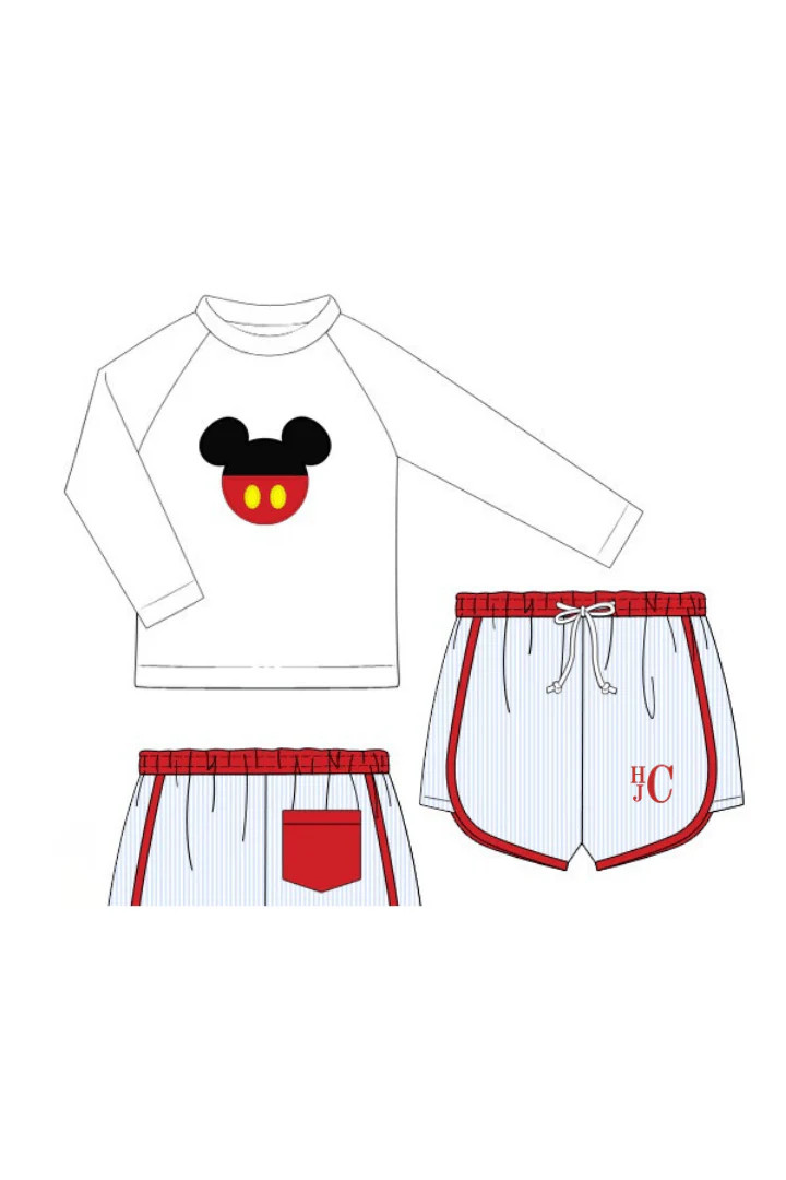 Pre-Order Applique Mouse Blue Stripe 2pc Rash Guard and Trunks | The Smocked Flamingo