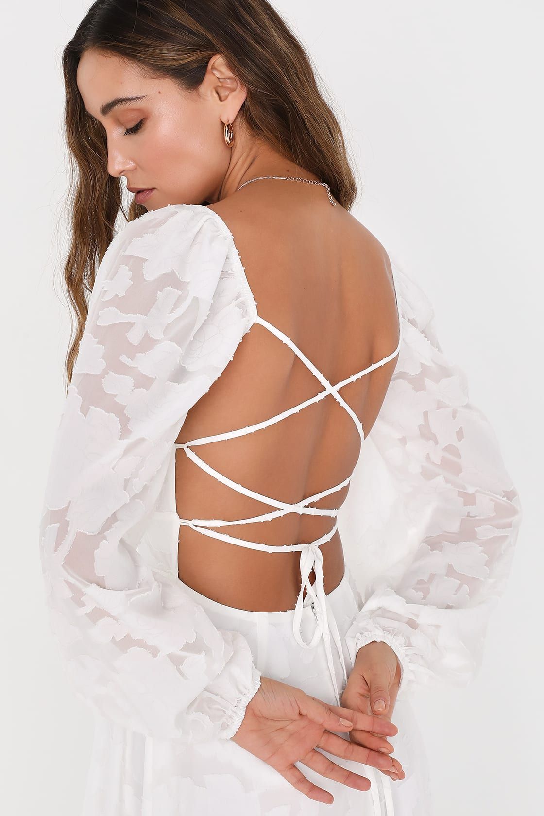 Flirtatious Nature White Floral Jacquard Lace-Up Midi Dress | Lulus (US)