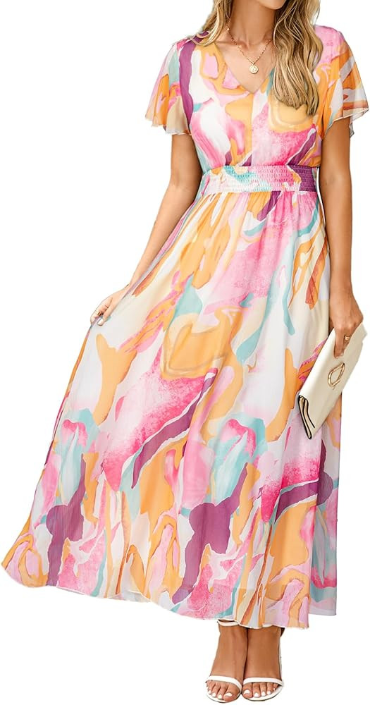 Simplee Womens Floral Maxi Dress Short Sleeve Summer Boho Wedding Guest Dress Empire Waist Chiffo... | Amazon (US)