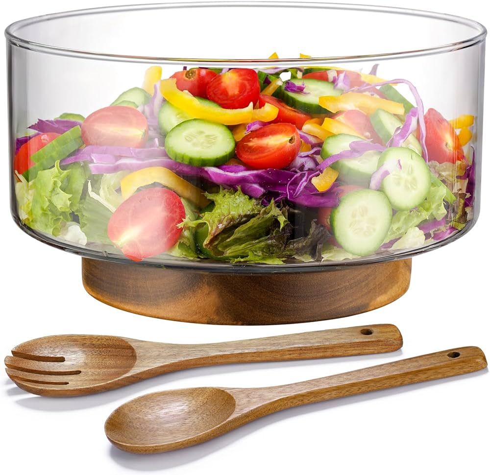 NiHome Glass Salad Bowl with Acacia Wood Salad Tongs, Large Capacity Design with Enhanced Stabili... | Amazon (US)