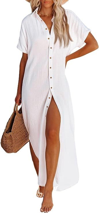Pink Queen Women's Short Sleeve Button Down Side Slit Maxi Long Swimsuit Cover Up Blouse Dress wi... | Amazon (US)