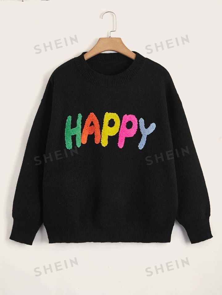 Plus Letter Pattern Drop Shoulder Sweater | SHEIN