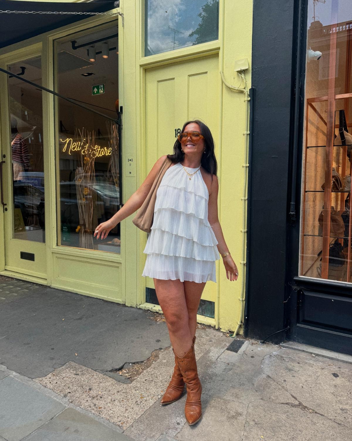 Zara tiered ruffle white mini dress, vintage tan leather cowboy boots, Free People aviator sunglasses, Pull & Bear suede handbag 🤍✨

#LTKsummer #LTKuk #LTKdresses