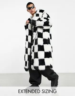 ASOS DESIGN longline faux fur coat in checkerboard | ASOS (Global)
