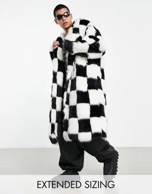 ASOS DESIGN longline faux fur coat in checkerboard | ASOS (Global)