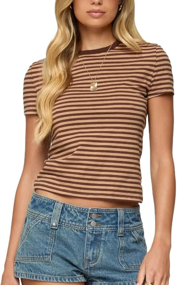 Y2k Baby Tees Crop Tops for Women Short Sleeve Fitted T Shirts Striped Patchwork Basic Cute Crewn... | Amazon (US)