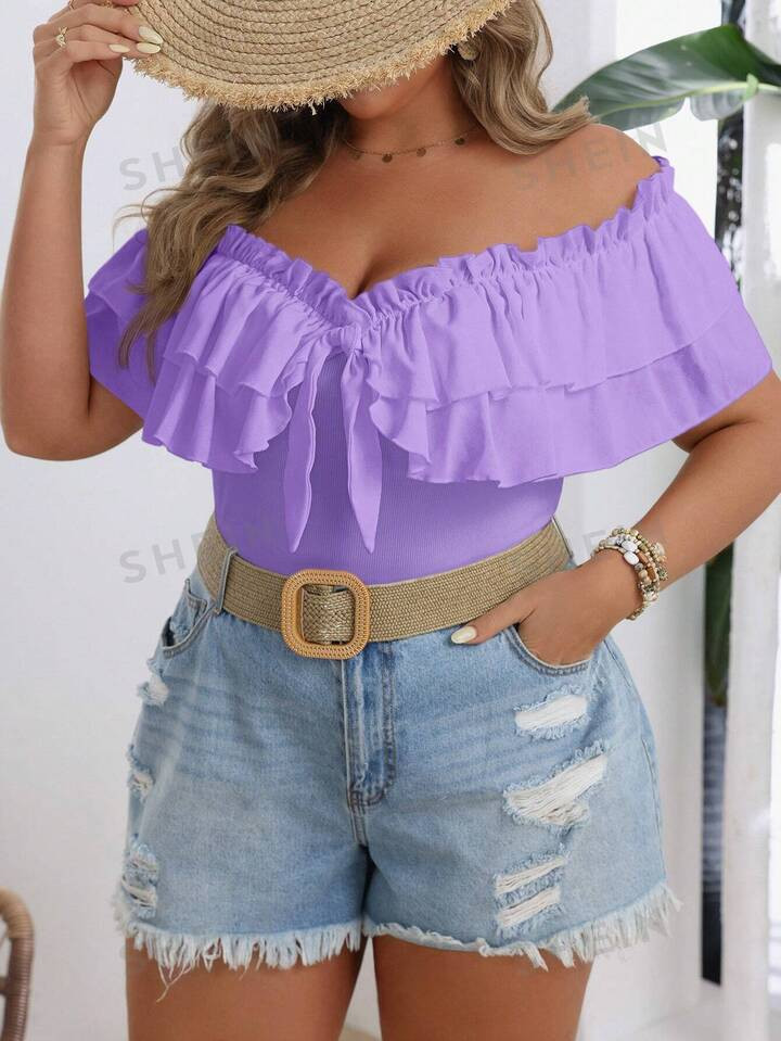 SHEIN VCAY Plus Size Women's Simple Solid Color Off-Shoulder Frill T-Shirt For Daily Wear | SHEIN