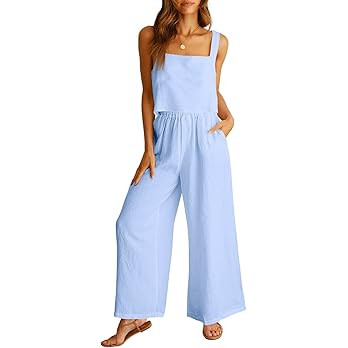ANRABESS Women's 2 Piece Outfits Square Neck Linen Tank Crop Top Wide Leg Pants Matching Lounge S... | Amazon (US)