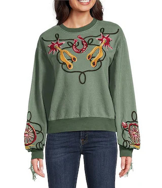 Double D Ranch Knit Crew Neck Long Sleeve Embroidery Fringe Sweatshirt | Dillard's | Dillard's