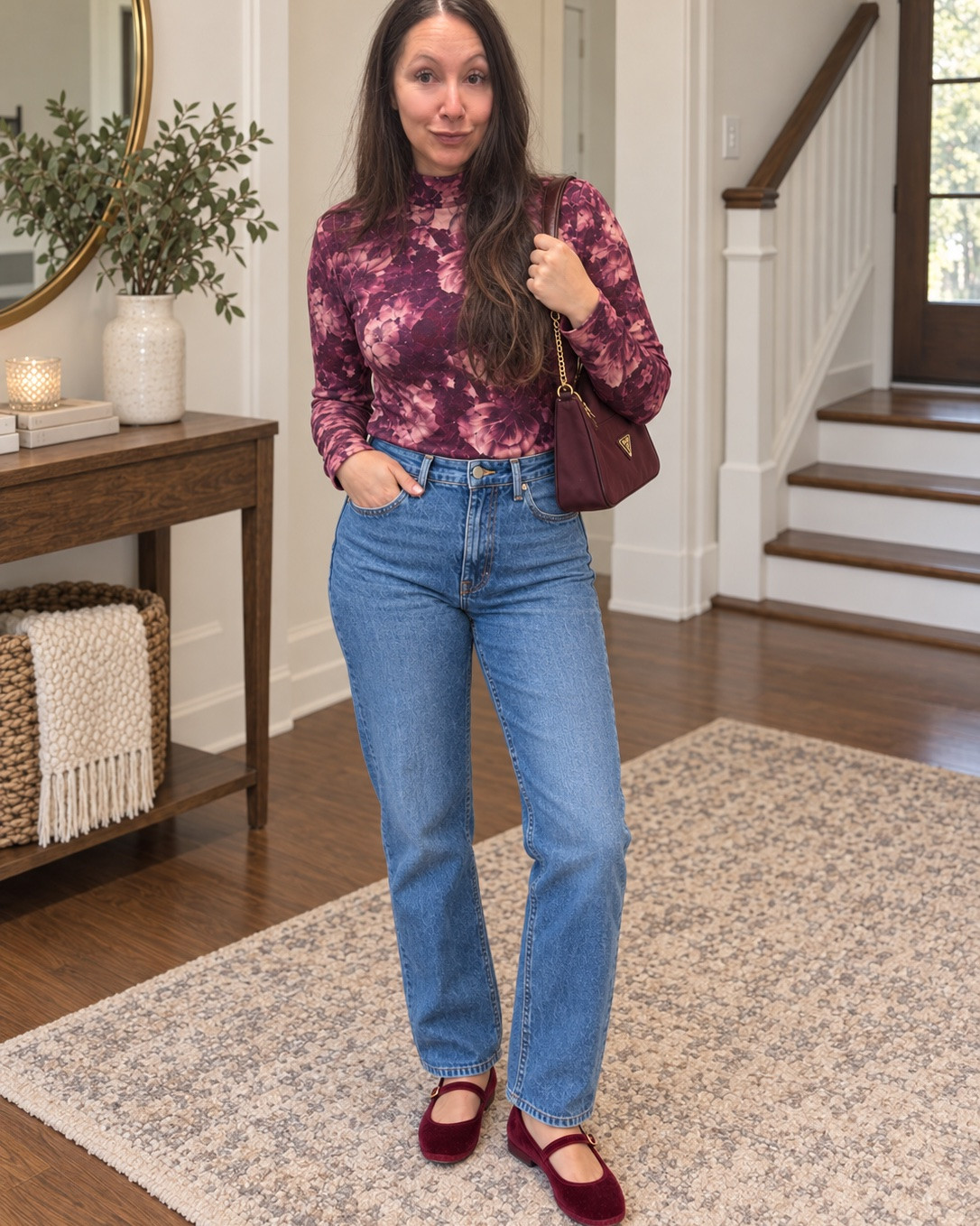 Date-night outfit idea for when you want to dress up, but your feet have other plans 🤎

A floral top, straight-leg jeans and burgundy Mary Janes. A little dressed up without making it a whole production.

Save this for your next “jeans and a nice top” night.

Ton of sheet tops linked!

#LTKdayinmylife #LTKOver40 #LTKMidsize