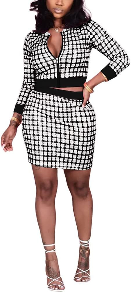 THLAI Women 2 Piece Skirt Set Long Sleeve Jacket Crop Top and Bodycon Mini Skirt Set Pink Party O... | Amazon (US)