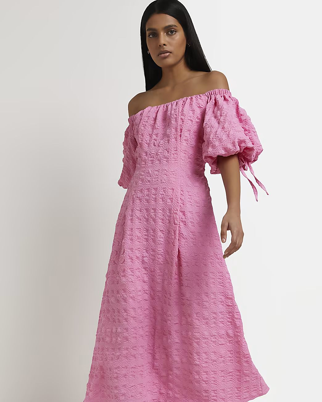 Pink bardot midi dress | River Island (UK & IE)