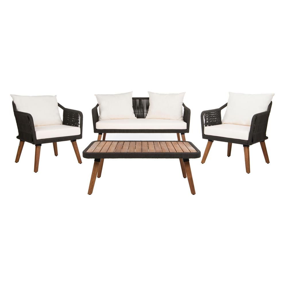 Safavieh Raldin Black 4-Piece Wood Patio Conversation Set with White Cushions | The Home Depot