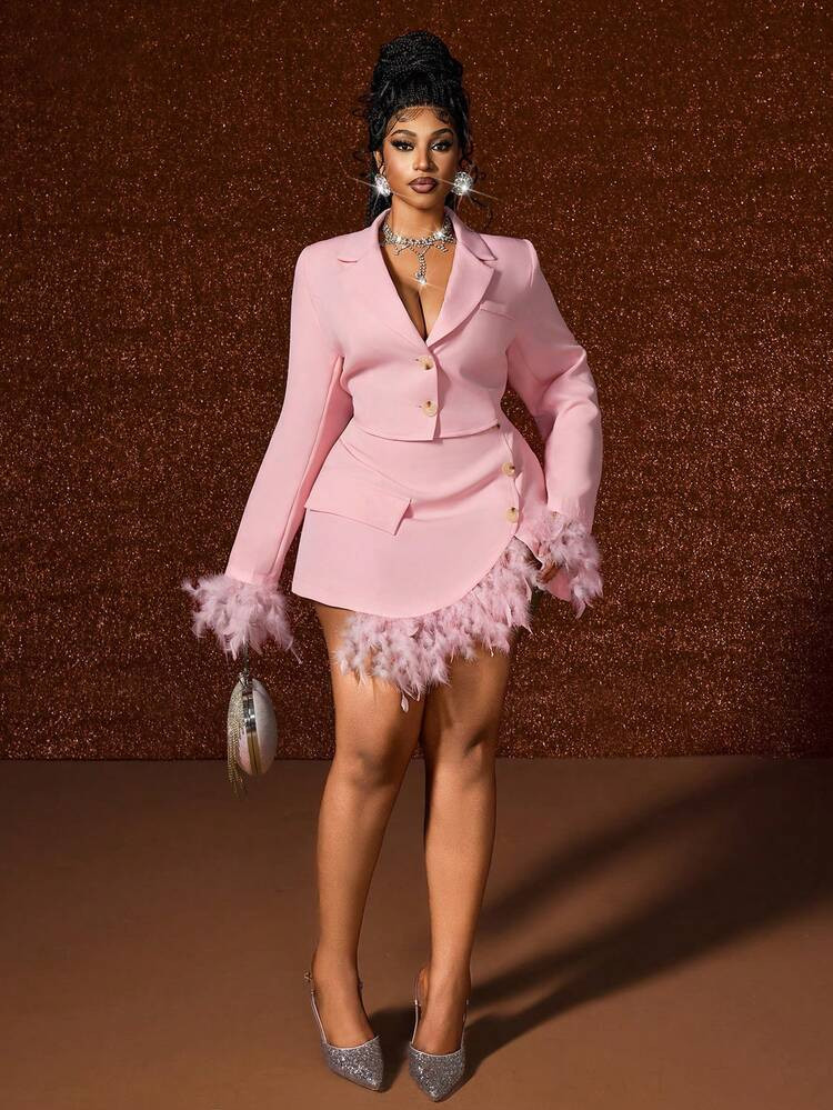Maweii 2pcs/Set Fashionable Pink Plush Blazer Jacket Paired With Blazer Skirt | SHEIN