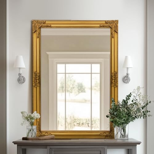 TRAHOME Vintage Gold Mirror for Wall, 28"x40" Antique Decorative Baroque Mirror with Imitation Metal Frame, Ornate Decorative Wall Mirror Decor for Entryway, Fireplace, Living Room, Hallway, Bathroom | Amazon (US)